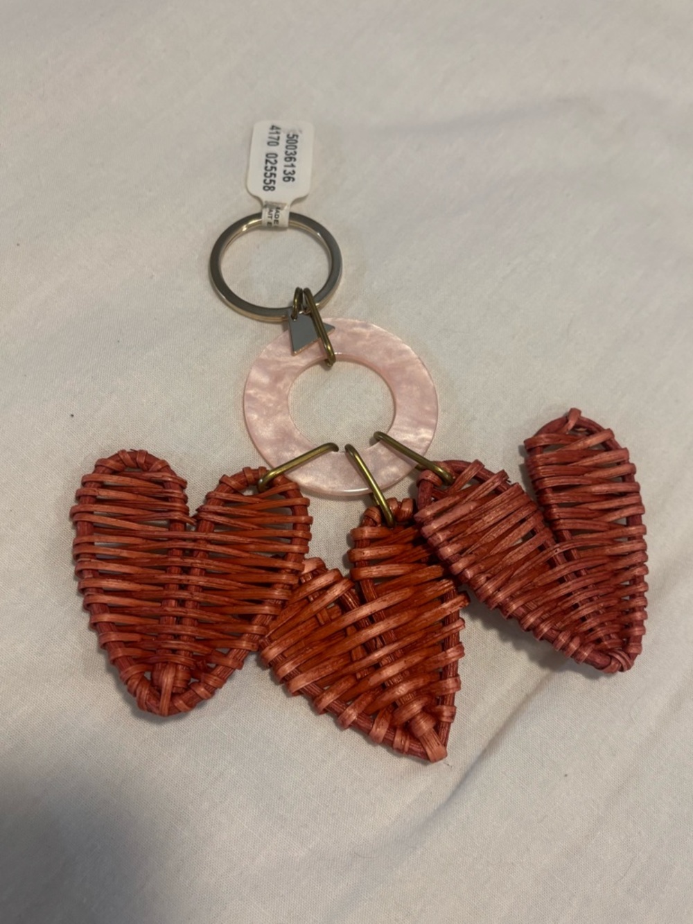 Anthropologie Coral Woven Heart Keyring with Pink Ring